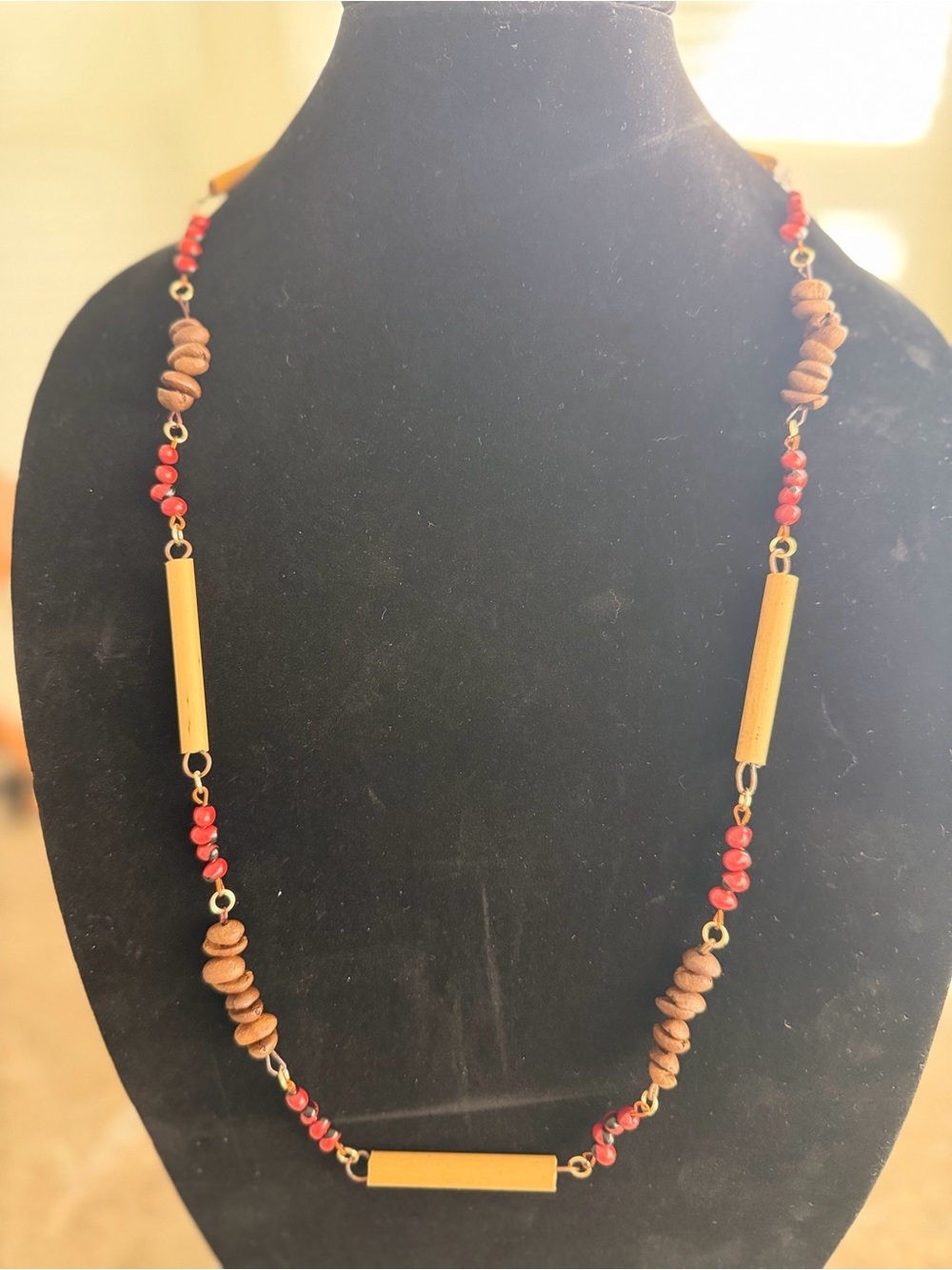 Handcrafted Brown & Red Beaded Long Necklace